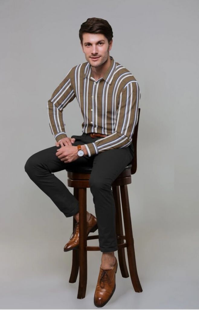 Dark Brown Cotton Striped Full Sleeves Shirt