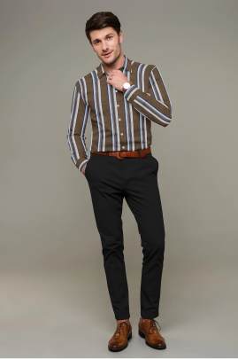 Dark Brown Cotton Striped Full Sleeves Shirt 2