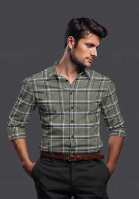 Olive Green Cotton Checkered Full Sleeves Shirt