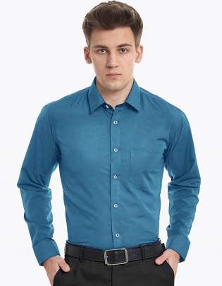 Peacock Blue Plain Cotton Full Sleeves Shirt