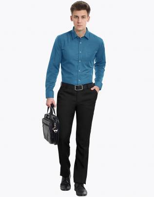 Peacock Blue Plain Cotton Full Sleeves Shirt 2