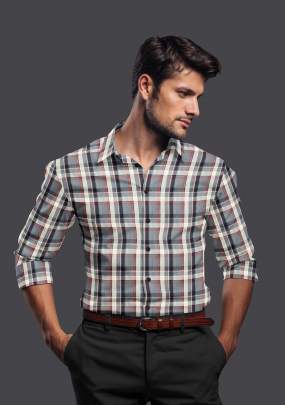 Grey Cotton Checkered Full Sleeves Shirt