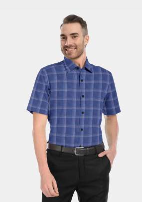 Navy Blue Cotton Checkered Half Sleeves Shirts