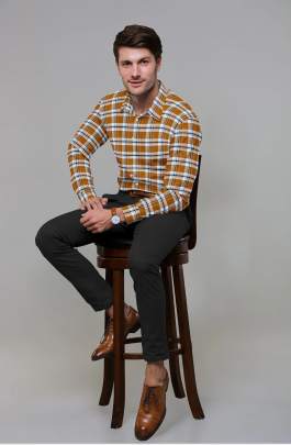 Orange Cotton Checkered Full Sleeves Shirt