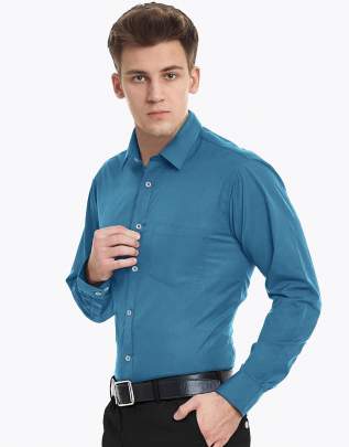 Peacock Blue Plain Cotton Full Sleeves Shirt 3