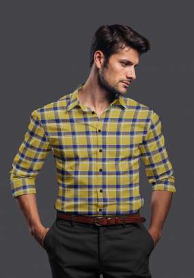 Yellow with Navy Blue Cotton Checkered Full Sleeves Shirt