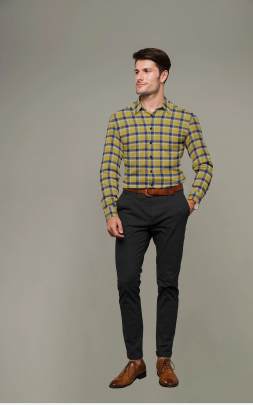 Yellow with Navy Blue Cotton Checkered Full Sleeves Shirt 2
