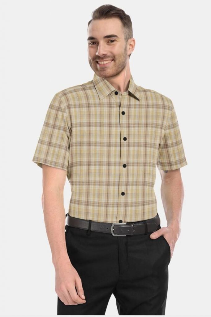 Light Brown Cotton Checkered Half Sleeves Shirts